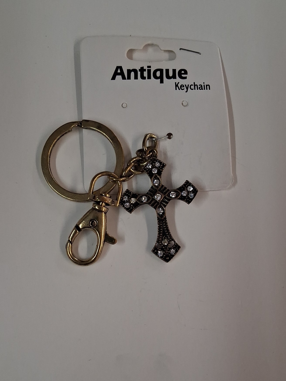 Antique Gold Cross Keychain with Clear Rhinestones